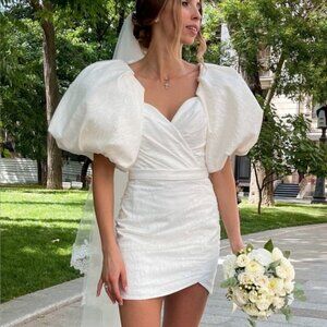 Anthropologie White Puff-Sleeve Mini Bridal Dress